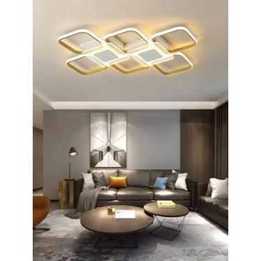 Imagem de Luminária de teto LED moderna dourada geométrica quadrada, em ferro e acrílico, com controle remoto e regulagem contínua de intensidade, ideal para sala de estar, cozinha, escritório, quarto