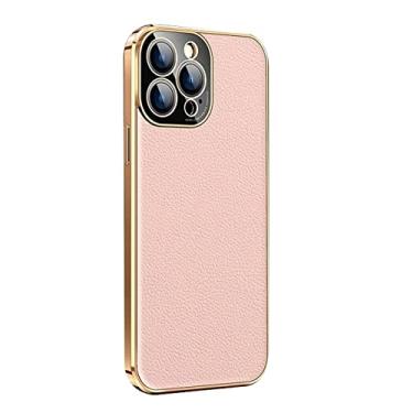 Imagem de GANYUU Capa para iPhone 14/14 Plus/14 Pro/14 Pro Max, capa de telefone de couro genuíno de primeira camada de cor sólida, capa traseira respirável resistente a arranhões à prova de choque (cor: rosa, tamanho: 14 Pro 6,1 polegadas)
