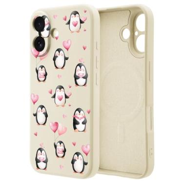 Imagem de OFQKOAKS Capa para iPhone 16 Pro compatível com MagSafe, capa de telefone feminina romântica com coração rosa pinguim dos namorados, capa protetora de silicone líquido branco macio para mulheres e