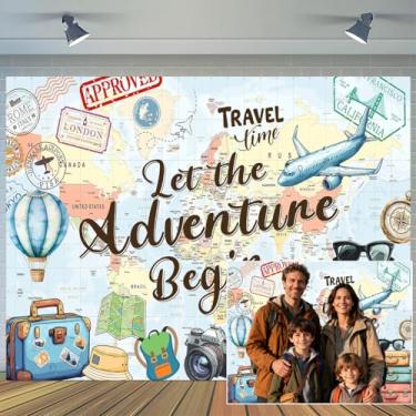 Imagem de Pano de fundo de 3,5 x 2,3 m Adventure Awaits Let The Adventure Begin Mapa-múndi fotografia tema de viagem suprimentos de decoração de festa adereços de cabine de fotos estúdio decoração de parede