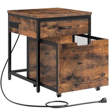 Imagem de CHOEZON Suporte para mini geladeira com tomada, mesa lateral grande com 2 AC e 2 portas USB, carrinho de bebidas móvel com gaveta de tecido para dormitório, cozinha, sala de estar, marrom rústico e