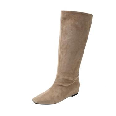 Imagem de Botas modernas até o joelho femininas casuais de inverno bico fino sólido salto baixo botas longas confortáveis, Caqui, 38