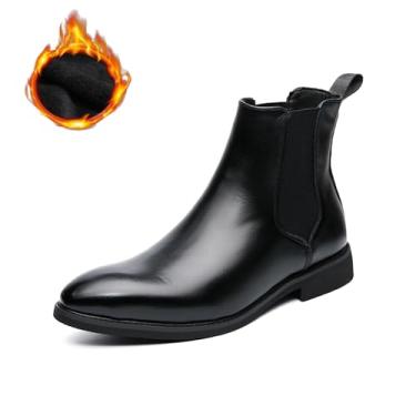 Imagem de Chelsea Botas masculinas casuais confortáveis de cano médio sem cadarço de couro PU polido, Pele preta, 44 BR