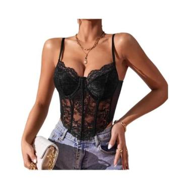 Imagem de Top Cropped Transparente Com Decote Em V, Sem Costura, Com Bordado Flo