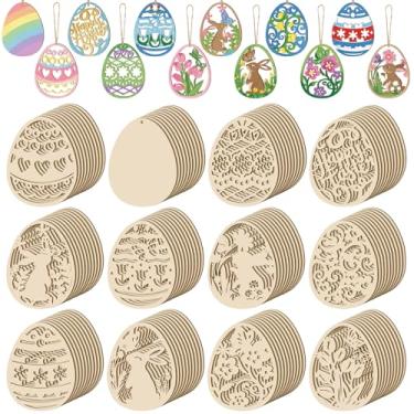 Imagem de Thyle 120 peças de enfeites de ovos de Páscoa felizes a granel de madeira coelhinho da páscoa flor borboleta árvore ornamentos pendurados decoração de ovo para casa árvore presentes decoração de festa
