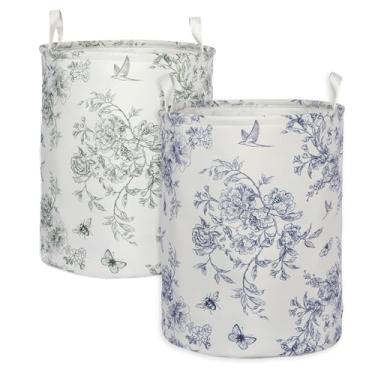 Imagem de 2 peças de cesto de roupa suja floral azul bonito para meninas cesto de berçário crianças flores de bebê decoração de quarto dobrável Oxford pano engraçado bolsa organizador de roupas balde de