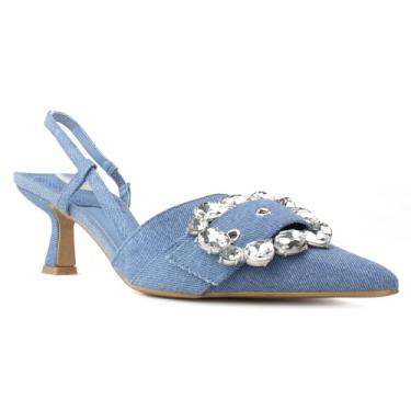 Imagem de RF Sapato feminino bico fino Slingback Mary Jane salto gatinho Mule escarpin, Jeans - Fivela de cristal, 34