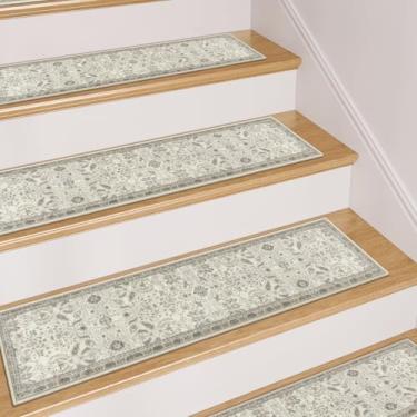 Imagem de Passos de escada antiderrapante cáqui 20.3 cm x 76.2 cm Corredor de escada macio para degraus de madeira, tapetes de escada laváveis com suporte de borracha, escada segura interna para idosos e cães