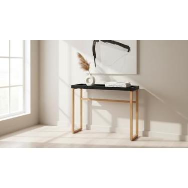 Imagem de Aparador Slim Preto com Pés em Madeira Pinus, Tampo MDF com Acabamento UV Alto Brilho, 91,5 x 31 x 78,5 cm, Suporta 20 kg