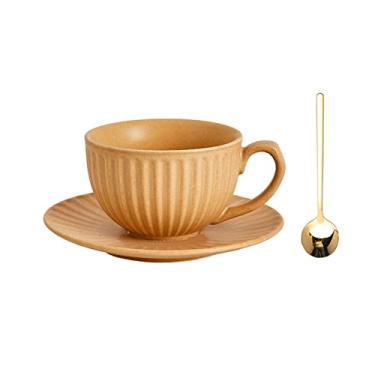 Imagem de Xícara de café vintage moderna para uso doméstico, conjunto de xícaras de flores de cerâmica com latte, lavagem à mão, conjunto de xícaras de chá da tarde (amarelo, pequeno)