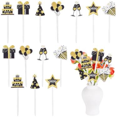 Imagem de SOFPLATE 1 caixa com 14 palitos decorativos de madeira, palitos de vaso de flores, em massa, aniversário, vintage, dourado, preto e prata, decoração de vaso de madeira dupla face para arranjos de