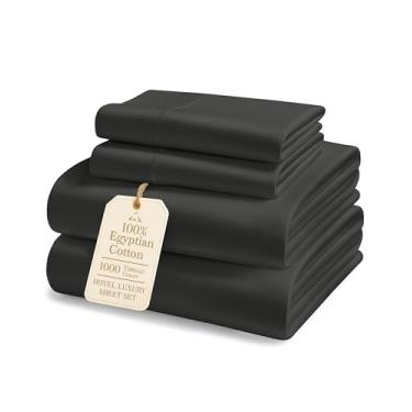 Imagem de Lençóis de cama king size 100% algodão egípcio – lençóis 1000 fios naturalmente respiráveis, lençóis King com bolso profundo de 38 cm, tecido acetinado sedoso, macio, durável, roupa de cama de luxo de