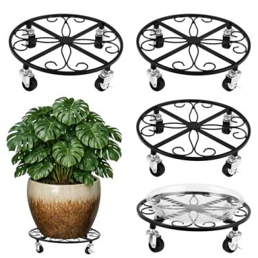 Imagem de Pacote com 6 suportes para plantas com rodas de 29 cm para plantas grandes, rolos de plantas resistentes, suporte de plantas, à prova de ferrugem, suporte para plantas de ferro forjado, carrinho de