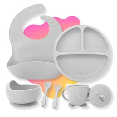 Imagem de Kit Introdução Alimentação Bebê 6 Peças em Silicone com Ventosa – Colher, Garfo, Copinho e Pratinho Atóxicos, Sem Pontas, Livre de BPA - Qualidade Premium LNSTORE (Cinza)