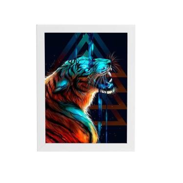 Imagem de Tigre Azul Desenho Animais Quadro Moldura Branca 60X40Cm