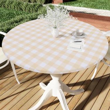 Imagem de Smiry Toalha de mesa redonda de piquenique, toalhas de mesa elásticas à prova d'água de vinil para mesas de 144 a 172 cm, capa de mesa xadrez de búfalo com forro de flanela para jantar, acampamento