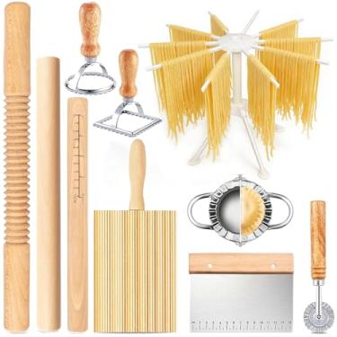 Imagem de 10 ferramentas para fazer massas, kit de fabricação de massa de madeira com rack de secagem de massas, rolos de massa, placa de nhoque, cortador de massa, cortador de ravioli, carimbos de massa, fazer