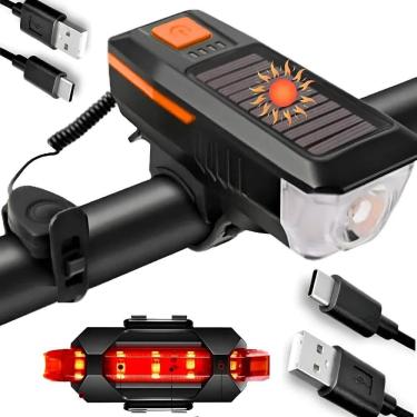 Imagem de Lanterna Farol Solar Bike Buzina Led Traseiro Ciclis Laranja