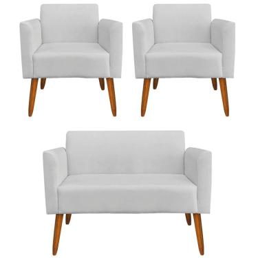 Imagem de Conjunto Namoradeira e 2 Poltronas Decorativas Isabella Pés Palito Madeira Suede Cinza - Gran Belo