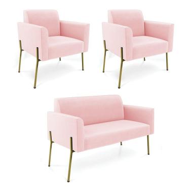 Imagem de Sofá Namoradeira E 2 Poltronas Pé De Ferro Dourado Marisa Suede Rosa Bebê D03