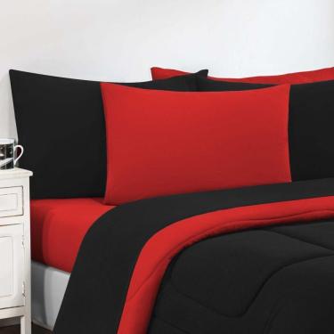 Imagem de Kit Edredom + Jogo De Lençol Malha 100% Algodão Gran Moratta 5 Peças Solteiro - Preto-vermelho