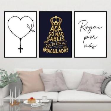 Imagem de Kit 3 Quadros Religiosos Terço Imaculada 45X34 Vidro Preta - Quadros O