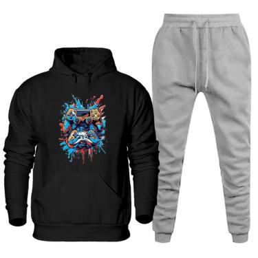 Imagem de Conjunto de Frio Moletom Abrigo Masculino Blusa Canguru e Calça Quentinha Com Bolso 70% Algodão-Masculino