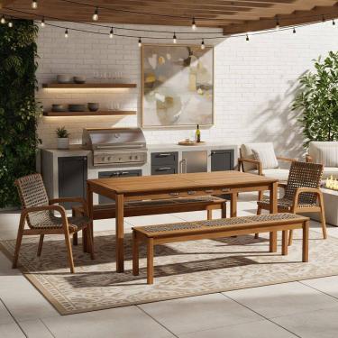 Imagem de Mesa de Jantar Com 02 Bancos de Madeira e 02 Cadeiras com Braço Trammare C07 Corda Rami - Lyam Decor