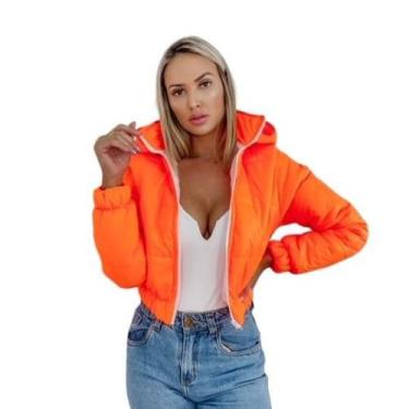 Imagem de Jaqueta Puffer Feminina Cítrica Laranja Com Capuz Curta - Charme de Mo