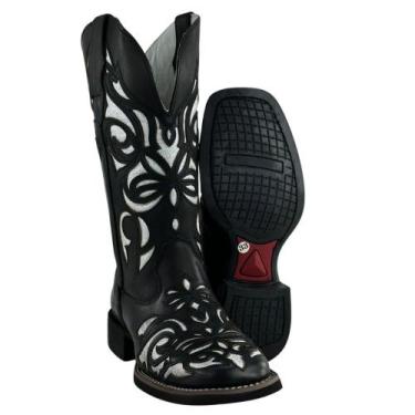 Imagem de Bota Texana Feminina Big Bull Boots Couro Fóssil Preto Bordado Laser F