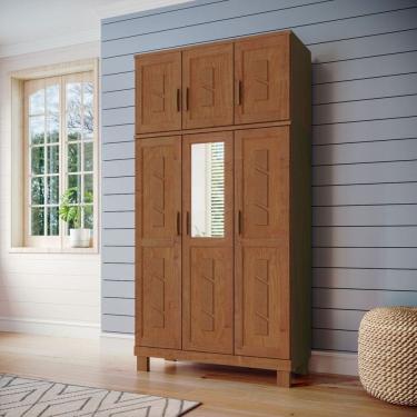 Imagem de Guarda-roupa 6 Portas com Espelho e Aplique Madeira Maciça Linha Cobre Castanho