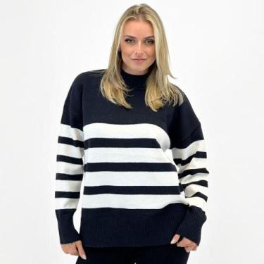 Imagem de Blusa de Lã Mamô Ampla Listrada Manga Longa Gola Alta Feminina, G, Mar