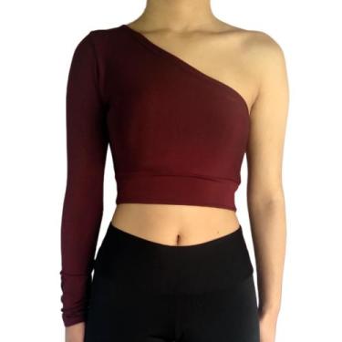 Imagem de Cropped Feminino Um Ombro Só Manga Longa Barra Liso Suplex PP ao Plus 