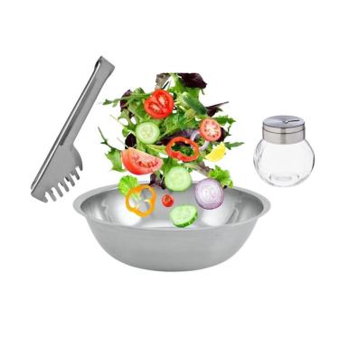 Imagem de Conjunto para Salada Aço Inox 3 Peças Bowl, Saleiro e Pegador - Mundial Import