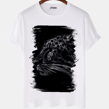 Imagem de Camiseta masculina Onça Tumblr Animais Fundo Preto Camisa Blusa Branca Estampada