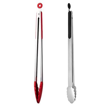 Imagem de UPTALY 2 pinças extra longas para churrasqueira (45 cm, vermelho, preto), pinças de aço inoxidável para churrasco com cabeça de silicone, pegador de alimentos de tamanho grande, pinças alongadas, alicate de servir para cozinhar, churrasco, buffet