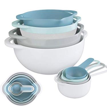 Imagem de Conjunto de tigelas de mistura de 8 peças, tigelas de plástico coloridas para cozinha sem BPA, incluindo 2 tigelas de mistura, 1 coador, 1 peneirador e 4 xícaras de medida com alças para assar frutas de lanche de salada