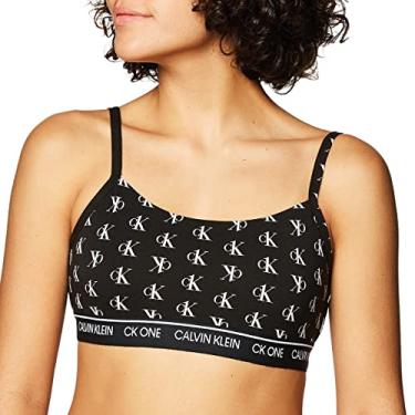 Imagem de Calvin Klein Sutiã feminino Ck One algodão sem forro, Logotipo escalonado preto, XP