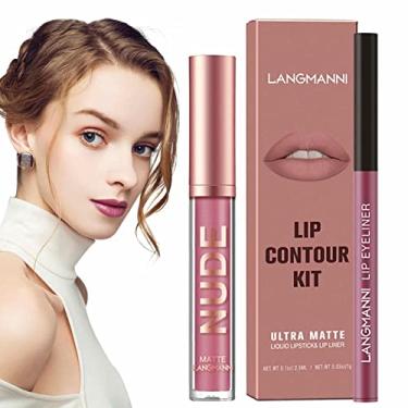 Imagem de Conjunto de Batom Matte | Velvet Lip Liner Lápis Lip Gloss Kit - 2 peças kits de maquiagem para lábios em um passo batom nude longa duração maquiagem brilho labial presente Cjupzi
