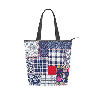 Imagem de Bolsa feminina de lona durável, vintage, papoulas, azul, branco, vermelho, patchwork, grande capacidade, sacola de compras