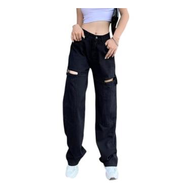 Imagem de Calças jeans calças jeans verão cintura alta perna larga zíper perna reta oca jeans casual para mulheres, Preto, XX-Large-3X-Large