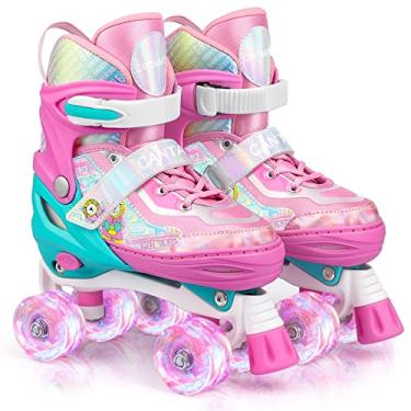 Imagem de Patins para crianças, meninas, meninos, 4 tamanhos, ajustáveis, patins com rodas que acendem para crianças, adolescentes, iniciantes e avançados, ambientes internos e externos (médio, A-rosa)