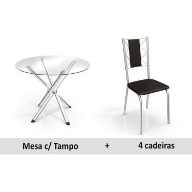 Imagem de Conjunto: Mesa Sala Jantar Volga c/ Tampo de Vidro 95cm + 4 Cadeiras Lisboa Cromado/Courano Preto - Kappesberg
