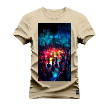 Imagem de Camiseta Premium 100% Algodão Estampada Shirt Unissex Xadrez Bege M
