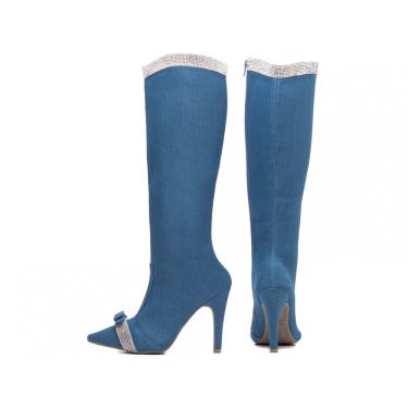 Imagem de Bota Salto 10cm Bico Fino Cano Alto Luxo em Jeans Azul