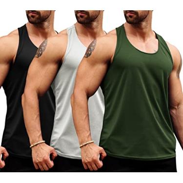 Imagem de LecGee Pacote com 3 camisetas masculinas para academia e treino Dry Fit Y-Back Muscle T-Shirts sem mangas malha Musculação Fitness Stringer, Preto/Cinza/Verde militar, G