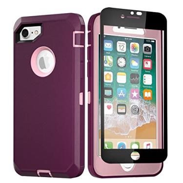 Imagem de Capa para iPhone 8 e capa para iPhone 7 com protetor de tela de vidro temperado, capa resistente de grau militar à prova de choque à prova de quedas capa para telefone de proteção total 4,7 polegadas (vinho tinto rosa)