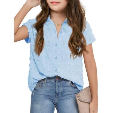 Imagem de Haloumoning Camiseta infantil casual de chiffon de manga curta para meninas, Azul claro, 13-14 Anos