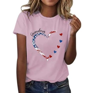 Imagem de Camiseta feminina patriótica com bandeira americana de 4 de julho, gola redonda, manga curta, túnica com estampa de coração, blusa casual de verão, rosa, M