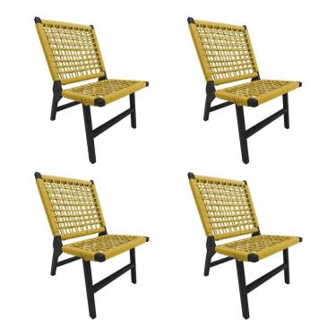 Imagem de Kit 4 Cadeiras Viena Base de Madeira Maciça Preta e Corda Náutica Amarela